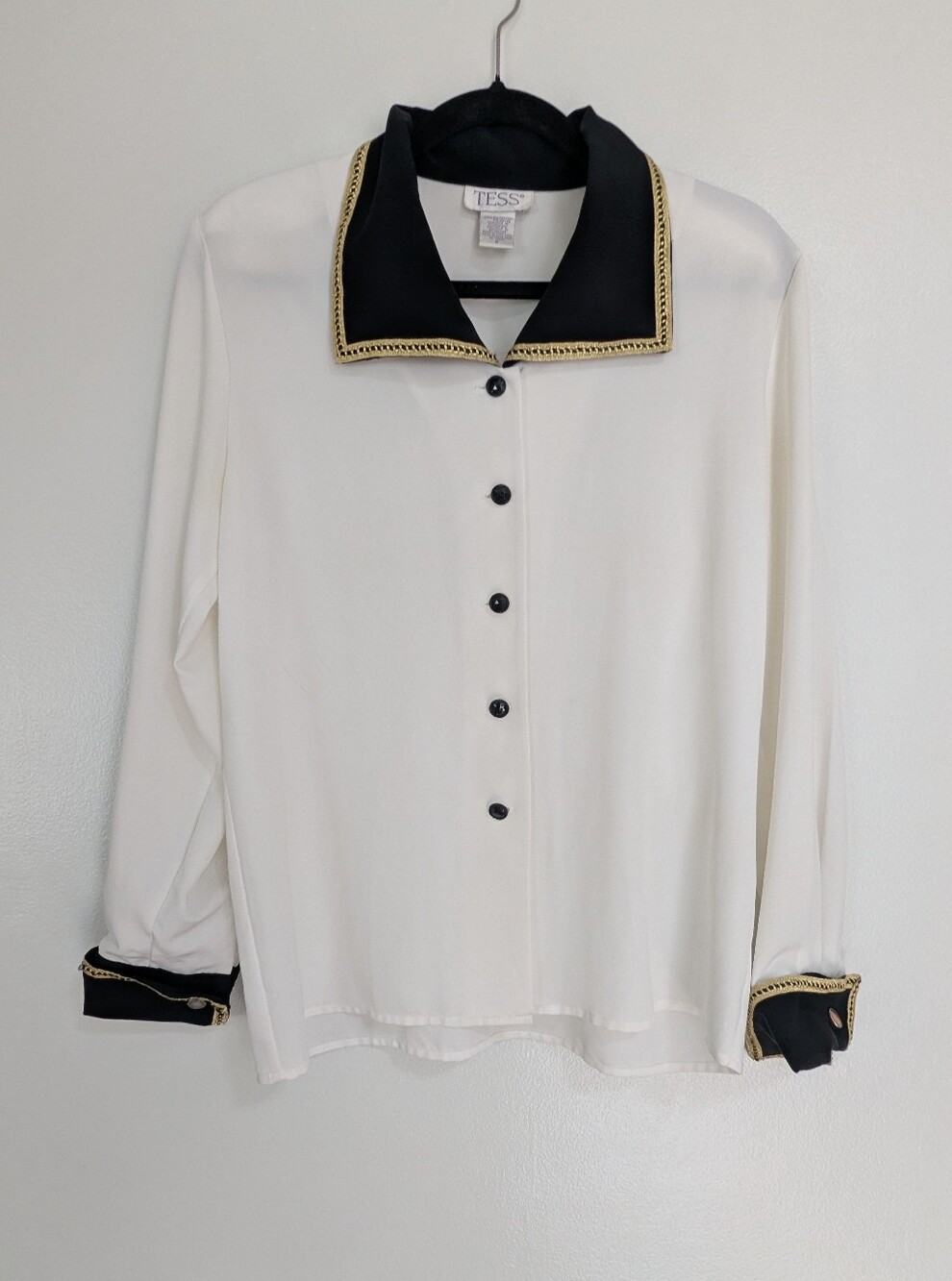 Vintage Tess Size 8 White & Black Colorblock Gold‎ Trim Secretary Blouse